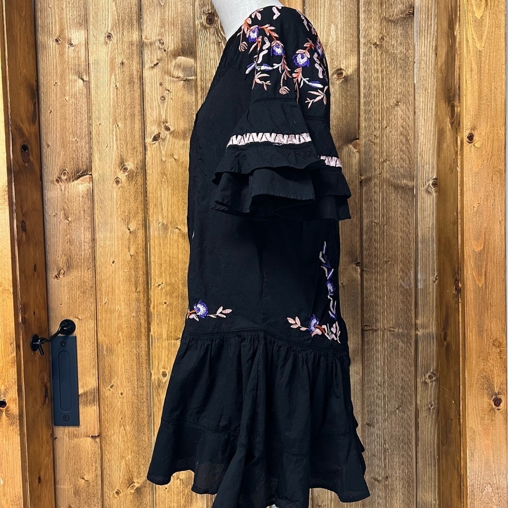 Free People Small Pavlo Black Floral Embroidered Mini Ruffle Babydoll Dress - Picture 4 of 8